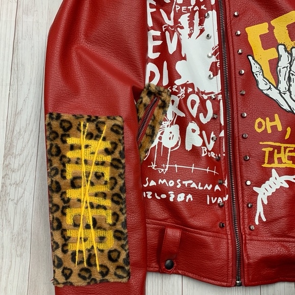 R3BEL MENS LEOPARD COLLAR BIKER  Bomber JACKET Large Retail 250$ Graphic Print - Picture 2 of 12